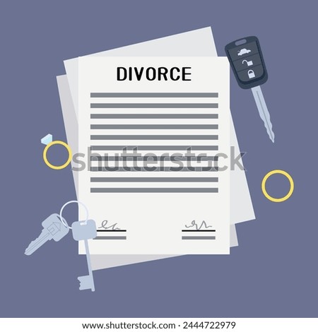 Divorce certificate, keys and wedding rings on lilac background