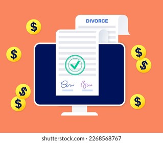 Divorce certificate online. Official process of terminating a marriage or marital union on a website. Marriage cancellation documents. Division of assets on divorce flat vector illustration