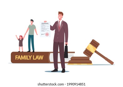 Divorce, Child Custody or Alimony Concept. Tiny Father Character with Little Daughter and Attorney at Huge Gavel, Family Law, Judge Courthouse During Court Hearing. Cartoon People Vector Illustration