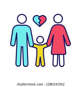 Divorce color icon. Parental conflicts. Marriage breakup. Couple break up. Joint child custody. Isolated vector illustration