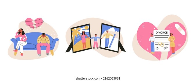 Divorce, complicated relationship, couple quarrel. Husband wife in conflict, troubles, misunderstanding. Children involving in parents divorce Difficult relations in family. Flat vector illustration