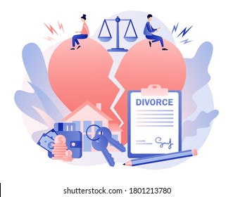 Divorce concept. Big broken heart. Justice scales. Tiny people relationship breakup. Husband and wife sign agreement divorce papers and property divison. Modern flat cartoon style. Vector illustration
