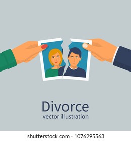 Divorce concept. Break up. Man and woman tear a group photo as  symbol conflict, unhappy love. Vector illustration flat design. Isolated on background. Crisis relationship divorce. 