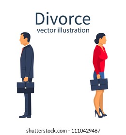 Divorce concept. Breakup concept. A man and a woman go in different directions. Crisis relationship divorce. Unhappy love, conflict. Vector illustration flat design.