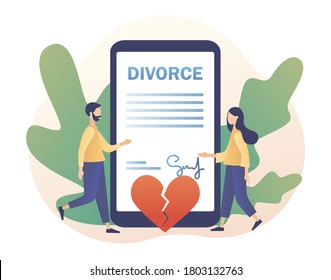 Divorce concept. Broken heart. Tiny people relationship breakup. Husband and wife sign agreement divorce document and property divison in smartphone app. Modern flat cartoon style. Vector illustration