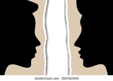 Divorce Concept. Divorced Couple Metaphor, Relationship Breakup, The End Of Friendship, Photo, Torn, Black Female And Male Profile Outlines On Torn Paper, Vector Banner