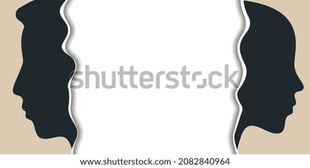 Divorce concept. Divorced couple metaphor, relationship breakup, the end of friendship, photo, torn, black female and male profile outlines on torn paper, vector banner