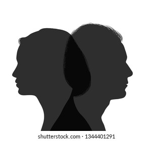 Divorce concept. End of the wedding. Isolated couple silhouette. Separation between groom and bride. Divorced man and woman