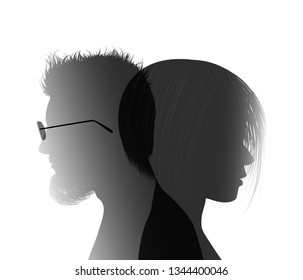 Divorce concept. End of the wedding. Separation between groom and bride. Divorced man and woman. Isolated couple silhouette