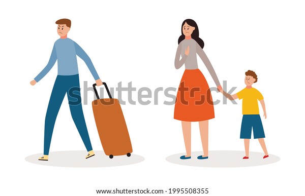 Divorce concept - father\
leaving family after parent conflict. Angry cartoon man with\
suitcase walking away from mother with child, isolated vector\
illustration