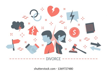 Divorce concept. Idea of people break up and doing property division. End of love and relationship. Set of colorful icons. Isolated flat vector illustration