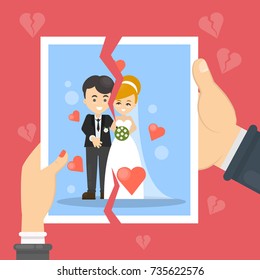 Divorce concept illustration. Woman and man tear marriage photo.