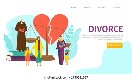 Divorce concept, landing banner vector illustration. Family relationship problem, divide children character between parents, template page.