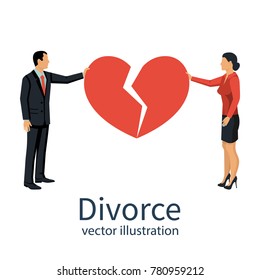 Divorce concept. Man and female holding two halves of broken heart on white background. Breakup heart concept. Crisis relationship divorce. Unhappy love, conflict. Vector illustration flat design.