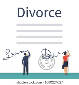 Divorce concept. Meeting husband and wife to sign agreement divorce papers. Vector illustration flat design. Form signed, stamp. End of marriage. Big sheet with a seal and break agreement.