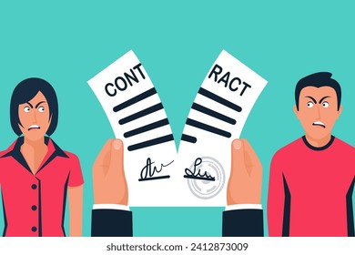 Divorce concept. Meeting husband and wife to sign agreement divorce papers. Break the contract, marriage agreement. Vector illustration flat design. Form signed, stamped. End of marriage.