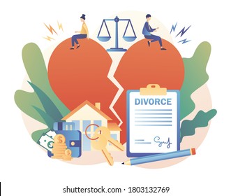 Divorce concept. Tiny people relationship breakup. Husband and wife sign agreement divorce papers and property divison. Big broken heart. Justice scales. Modern flat cartoon style. Vector illustration