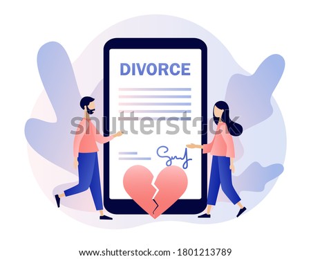 Divorce concept. Tiny people relationship breakup. Husband and wife sign agreement divorce document and property divison in smartphone app. Broken heart. Modern flat cartoon style. Vector illustration
