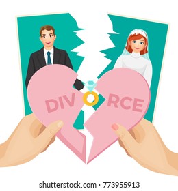 Divorce concept vector illustration of splitted heart and photo