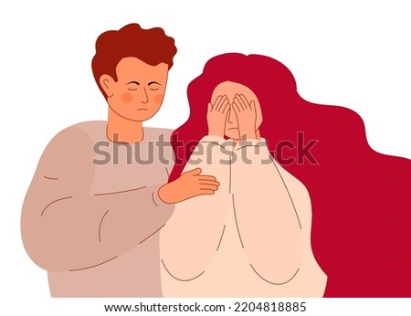 Divorce concept vector. Wife crying, husband is sad. Conflict, probl between husband and wife. Lovers couple in quarrel. Misunderstanding in family. Disagreement illustration, relationship troubles.  