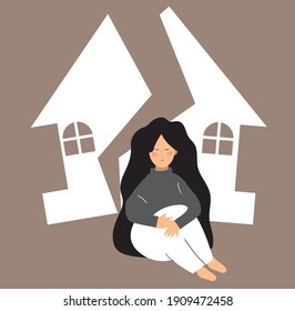 Divorce consequences on children. Poor sad orphan girl. homeless and domestic abuse concept. daughter without home. young child crying and sitting in front of her house. Flat vector illustration.	
