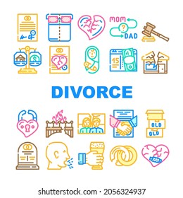 Divorce Couple Canceling Marriage Icons Set Vector. Family Problem Divorce And Payment Alimony, Broken Love Padlock And Crashed House, Property Division And Judge Trial Line. Color Illustrations
