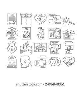 Divorce Couple Canceling Marriage Icons Set Vector. Family Problem Divorce And Payment Alimony, Broken Love Padlock And Crashed House, Property Division And Judge Trial Contour Illustrations