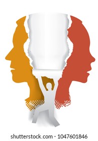 Divorce couple concept. Young couple stylized silhouettes and ripped paper. Vector available.