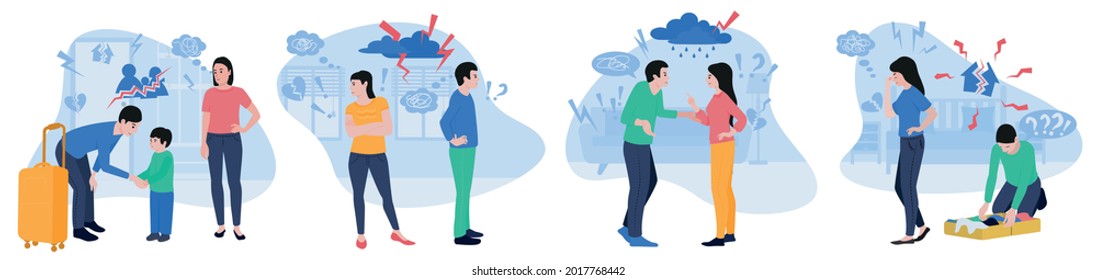 Divorce couple flat compositions set of arguing quarreling yelling at each other spouses isolated vector illustration