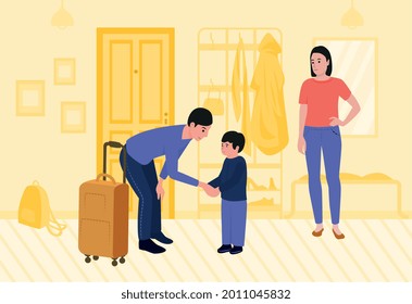 Afiche plano de pareja de divorcios con padre saliendo de familia e hijo triste tratando de detenerlo ilustración vectorial