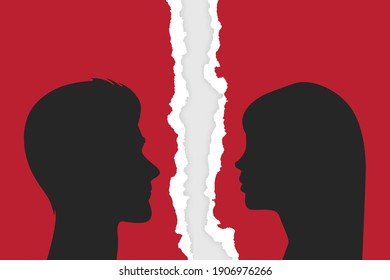 Divorce Couple. People - Man and Woman - Silhouette Closeup on Torn Ripped Paper Background. Quarrel, Scandal, Relationship Problems Concept. Stock Vector Illustration