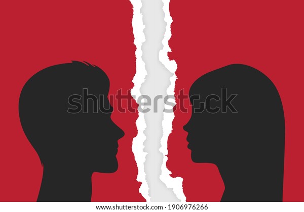 Divorce Couple. People - Man
and Woman - Silhouette Closeup on Torn Ripped Paper Background.
Quarrel, Scandal, Relationship Problems Concept. Stock Vector
Illustration