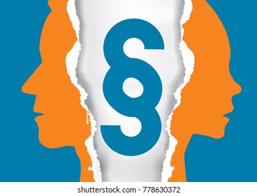 Divorce couple ripped paper with paragraph sign.
Ripped paper with man and woman silhouettes and paragraph sign. Vector available. 
