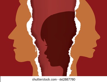 
Divorce couple and sad child.
Ripped paper with man and woman stylized silhouettes and sad child symbolizing divorce.Vector available.