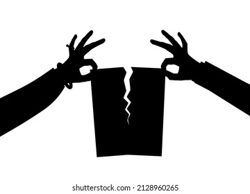 Divorce couple torn paper concept. Ripped paper with man and woman hands silhouettes symbolizing divorced couple. Vector illustration