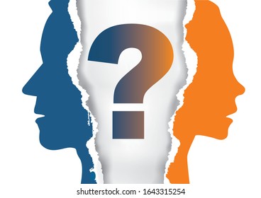 
Divorce couple, torn paper with question mark. 
Ripped paper with young man and woman silhouettes symbolizing divorced couple.Vector available.