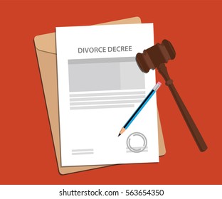 divorce decree agreement concept illustration with paperworks, pen and a judge hammer 