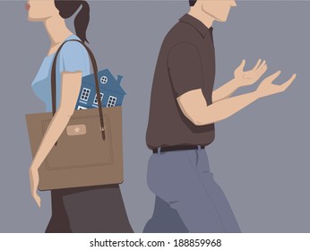 Divorce And Division Of Assets. Man And Woman Walking Away From Each Other, The Woman Carrying A House In Her Purse, The Man Going Empty-handed