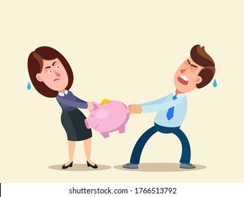 Divorce and division of property. Man and woman share a splitting money. The wife and husband are pulling a piggy bank with money. Vector illustration, flat design, cartoon style, isolated background.