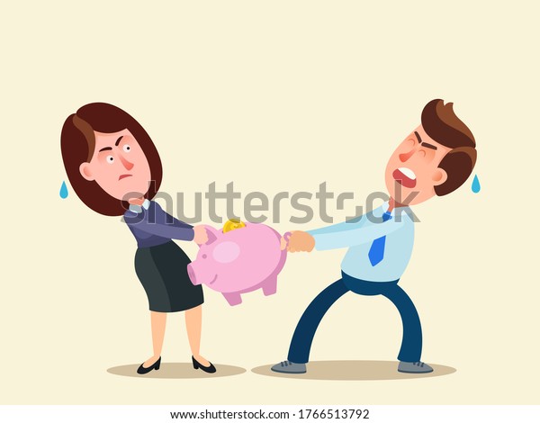 Divorce and division of property. Man and\
woman share a splitting money. The wife and husband are pulling a\
piggy bank with money. Vector illustration, flat design, cartoon\
style, isolated\
background.