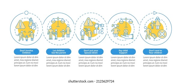 Divorce Dos And Donts Blue Circle Infographic Template. Data Visualization With 5 Steps. Process Timeline Info Chart. Workflow Layout With Line Icons. Myriad Pro-Bold, Regular Fonts Used