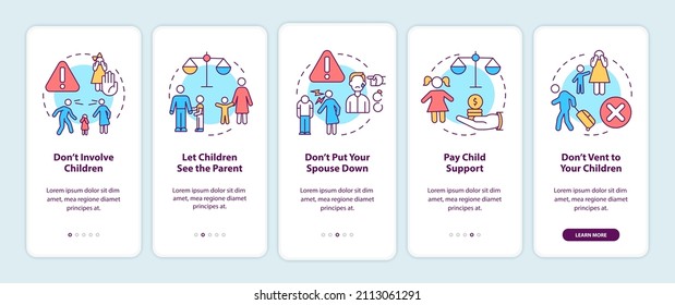 Divorce dos and donts onboarding mobile app screen. Separation tips walkthrough 5 steps graphic instructions pages with linear concepts. UI, UX, GUI template. Myriad Pro-Bold, Regular fonts used