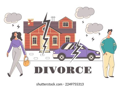 Divorce family breakup marriage separation concept. Division of property house, car, money. Modern simple line outline style. Vector cartoon graphic design element illustration
