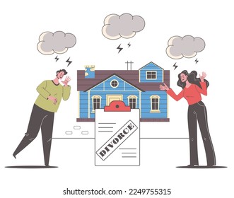 Divorce family breakup marriage separation concept. Division of property house, car, money. Modern simple line outline style. Vector cartoon graphic design element illustration