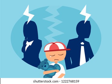 Divorce and family conflict concept. Vector of a couple man and woman having an argument with a stressed crying child in the middle. 