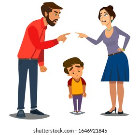 Divorce. Family conflict. Couple man and woman swear and child close his ears. Cartoon characters. Vector illustration