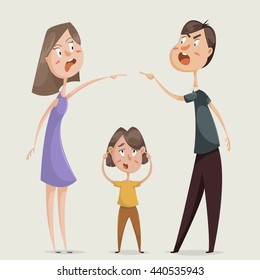 Divorce. Family conflict. Couple man and woman swear and child close his ears. Cartoon characters. Vector illustration