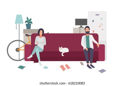 Divorce, family quarrel. Couple on the couch turning away from each other. flat colorful illustration.