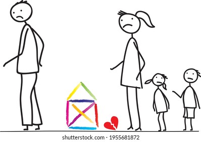 Divorce - family in separation, mother, father and children, quarrel about the home and property, the children and a broken heart, vector isolated 