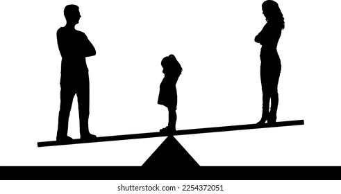 Divorce in the family. Silhouette Vector of a little sad girl crying standing between mom and dad, chooses to stay with dad. Concept of divorce and division of children